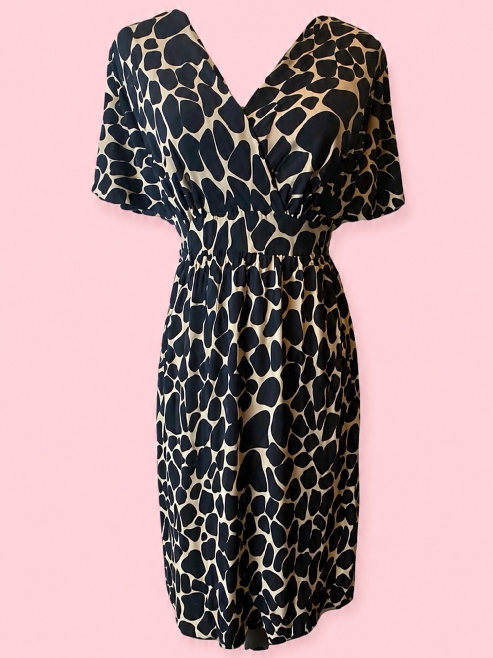 Lily Petite Animal Print V-Neck Midi Dress Tan Black Size SP